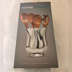 Nambe Silver Tulip Tool Jug with Wooden Tools